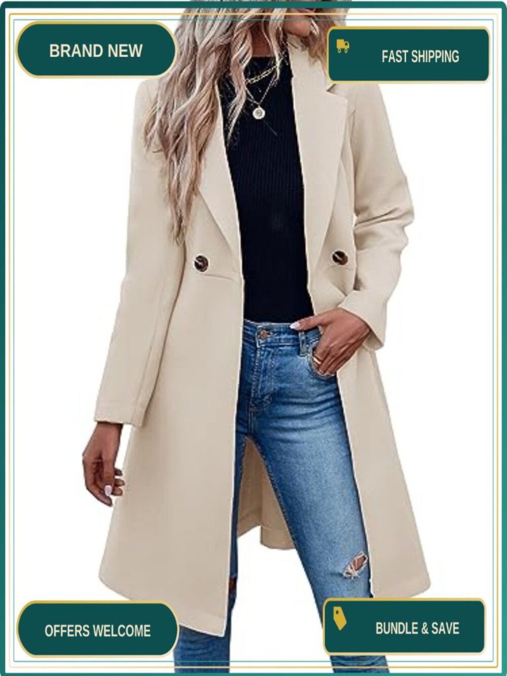 Womens Pea Trench Coat Double Breasted Winter Overcoat Knee Length